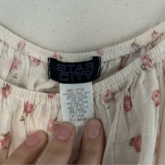 Star City Vintage Cream Floral Off the Shoulder Puff Sleeve Crop Top Large Boho - Picture 3 of 7